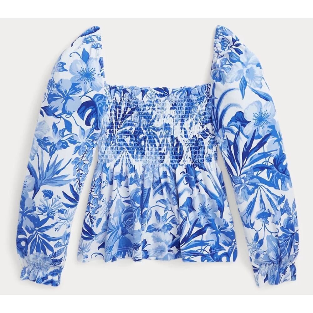 Polo Ralph Lauren Girls Blue Floral Smocked Long Sleeve Shirt Size XL(16)